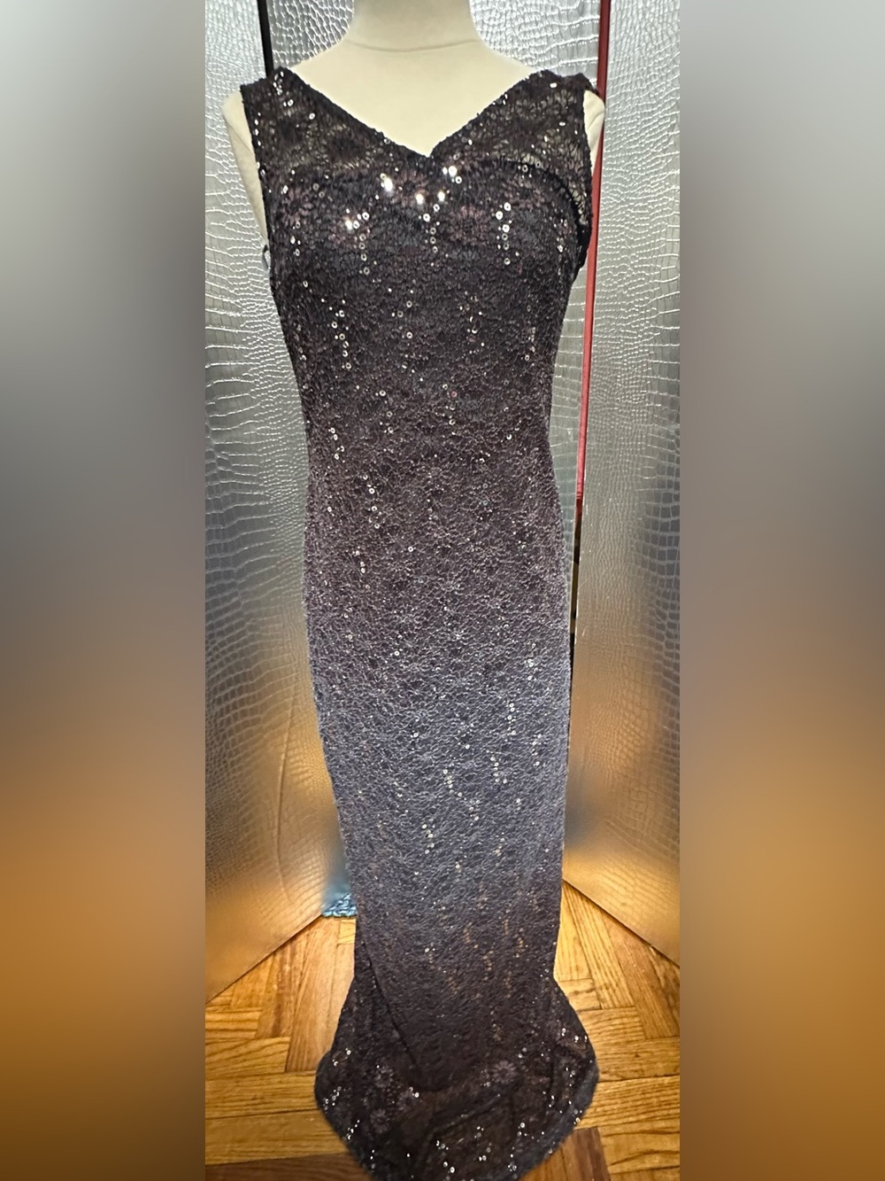 Onyx Nite Gunmetal Sequin Formal Full Length Sleeveless Gown Dress